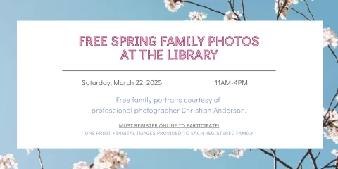 Spring flowers against a blue sky and words that say Free Spring Photos at the Library 