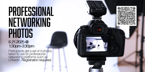 Thumbnail containing program information and QR code. There is an image of a camera and a photography studio in the background. 