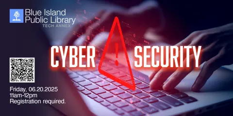 Thumbnail with program information and QR code. There is an image of a person typing on a laptop with a warning symbol above the keyboard. 