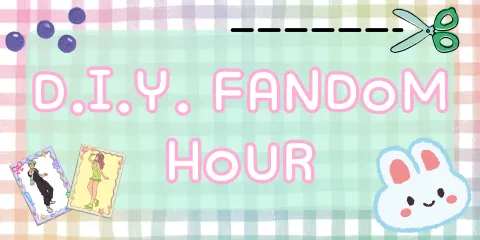 d.i.y. fandom hour text on gingham pattern with blueberries photocards and a bunny