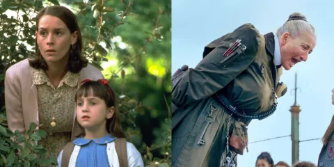 A woman in a floral dress and pink cardigan leans above a child protectively. The child wears a denim dress, a red hair bow, and a concerned expression. Beside this photo a woman looms, mouth wide, over a small, cowering child. The woman has silver hair held aloft in a tight bun. Various silver keys and tools hang from her pockets. 
