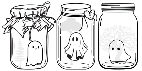 Ghosts float in jam jars. There are trees / shrubbery in each jar. 