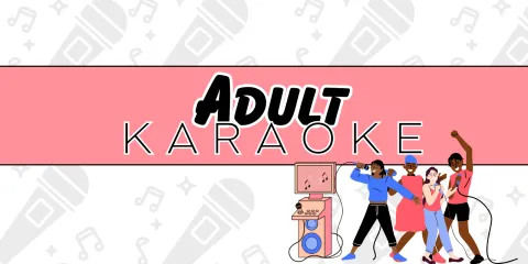 The words "Adult Karaoke" float above a pink background with a repeated pattern of microphones. Several people - some with colorful hair - dance and sing beside a pink and blue karaoke machine. 