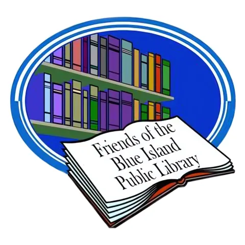 Friends open book with colored bookshelves in background