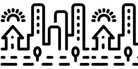 Line art of several houses are roads. 