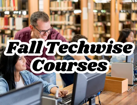 Fall Techwise courses. Photograph of a man helping a woman use a computer. Library book shelfs are in the background. 