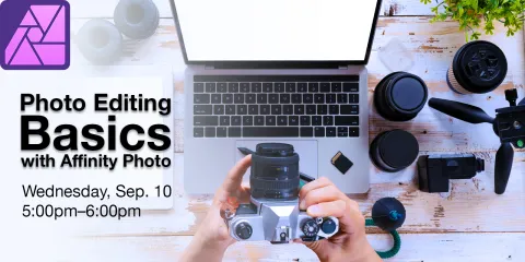 Thumbnail with a bird's eye view of a person's hands holding a camera in front of a laptop. There is program information on the left side. 