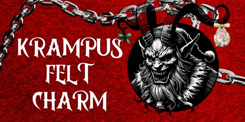  creepy krampus grinning on a red felt background