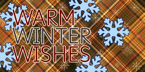winter wishes text on a brown plaid background with blue snowflakes