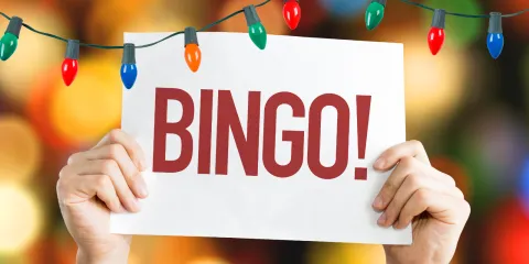 Two hands hold a giant sign that reads "Bingo!" There are two strings of red and green lights. 