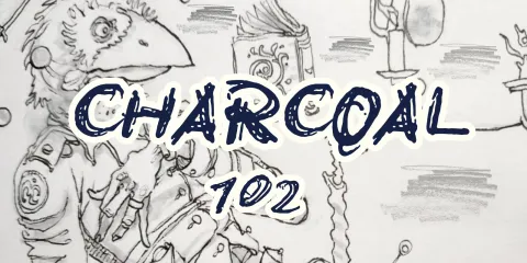 A drawing of an anthropomorphic crow with the following text overlayed: "Charcoal 102"