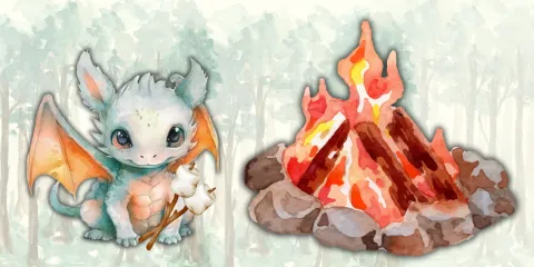 A dragon with pastel blue scales and a salmon-pink belly sits beside a hearth with billowing orange and red flames. The dragon is holding two marshmallows on a stick. He intends to roast these marshmallows. He told me. 
