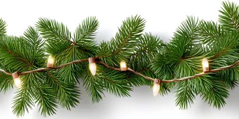A garland of bright green pine needles with warm yellow lights attached. 