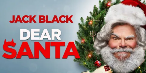 Jack black wears a white beard and a red, pointed hat. The image reads "Jack Black: Dear Santa" Over a gray background with a pine tree in the corner. 