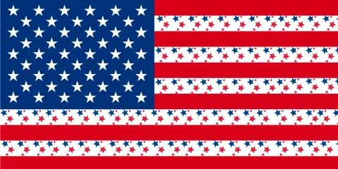An American flag with additional blue and red stars added to the white stripes. 
