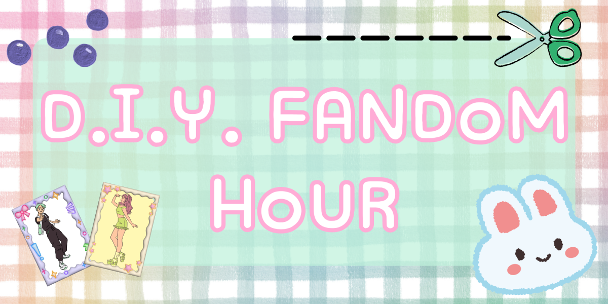 d.i.y. fandom hour text on gingham pattern with blueberries photocards and a bunny