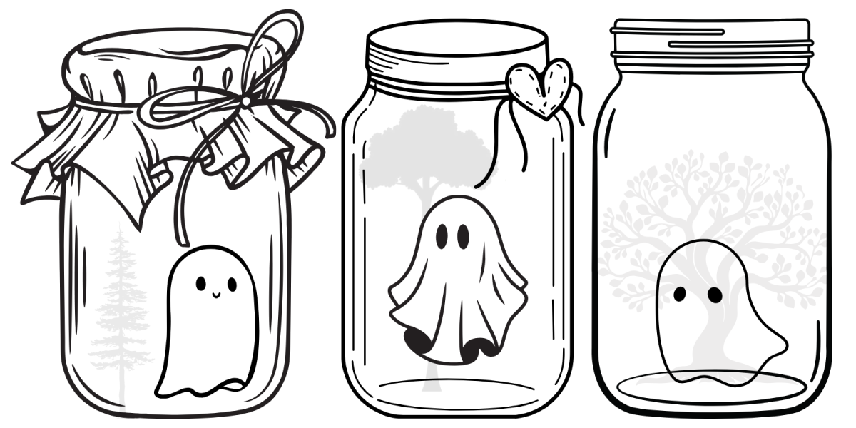 Ghosts float in jam jars. There are trees / shrubbery in each jar. 