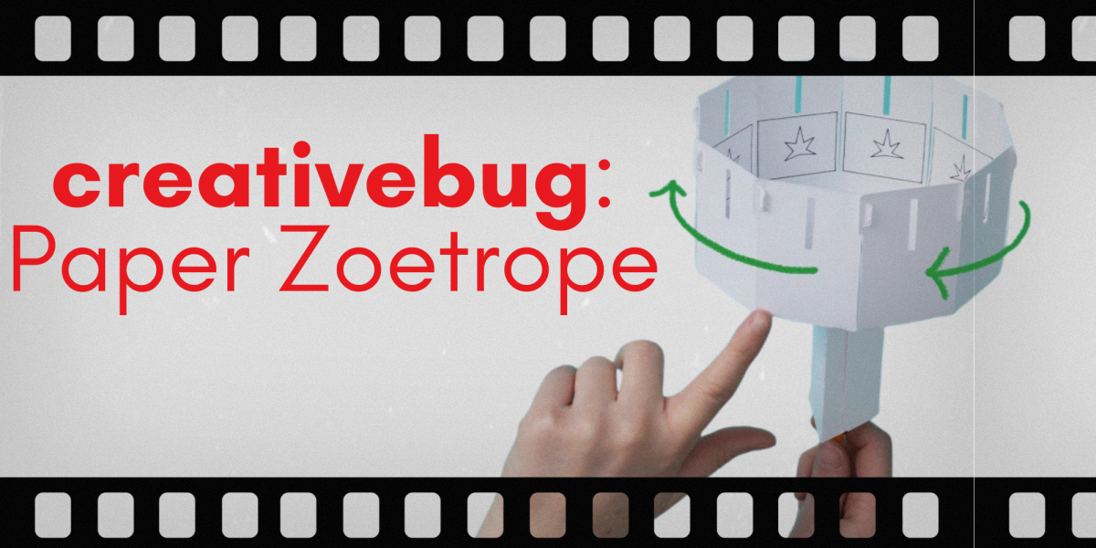 paper zoetrope with film background hand pointing with title text in red