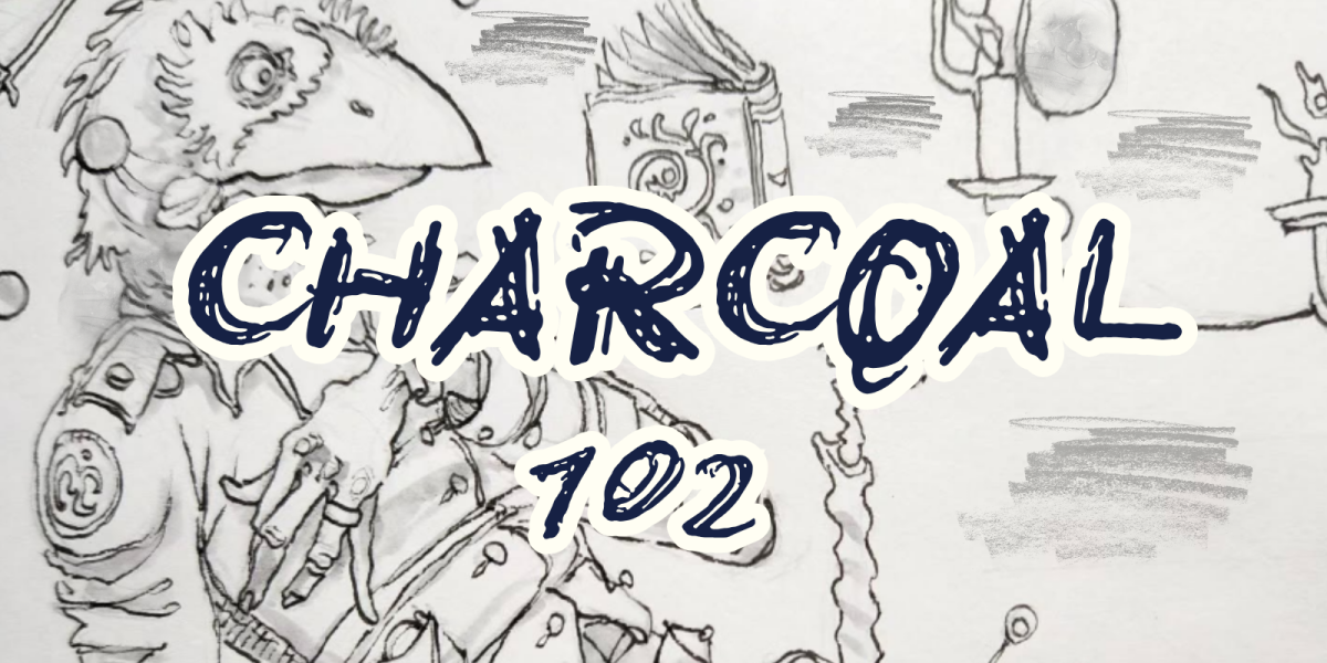 A drawing of an anthropomorphic crow with the following text overlayed: "Charcoal 102"