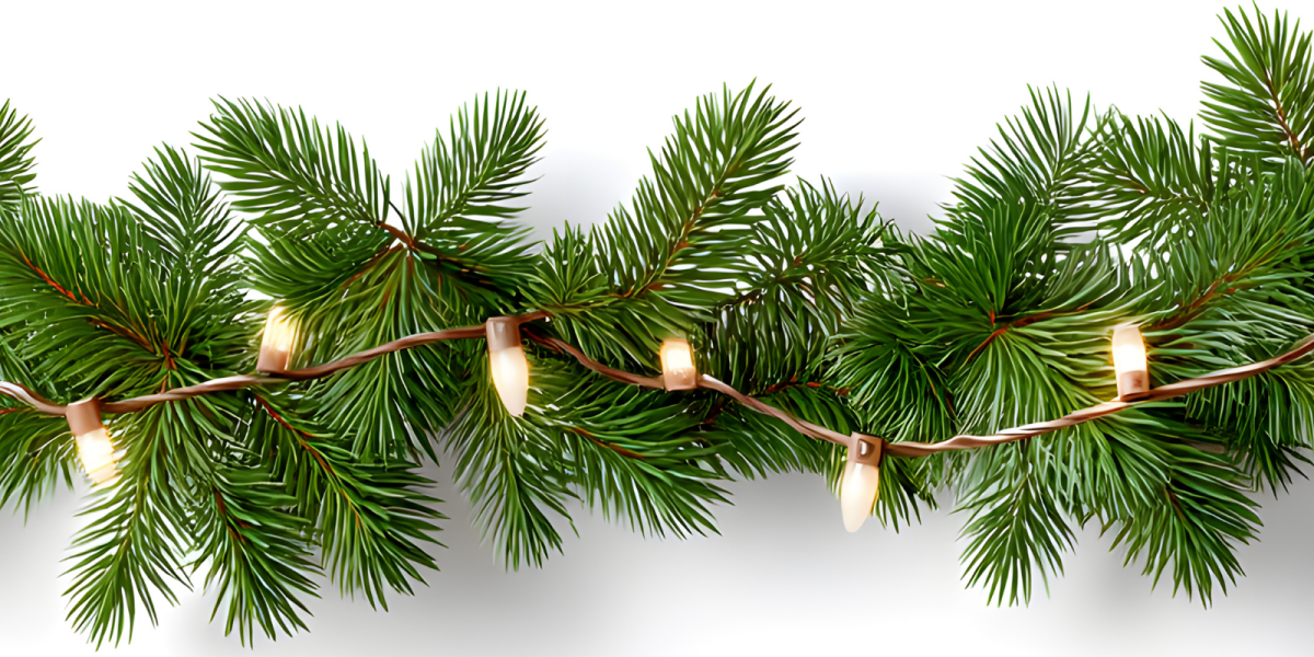 A garland of bright green pine needles with warm yellow lights attached. 