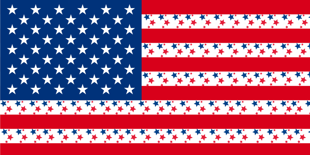 An American flag with additional blue and red stars added to the white stripes. 